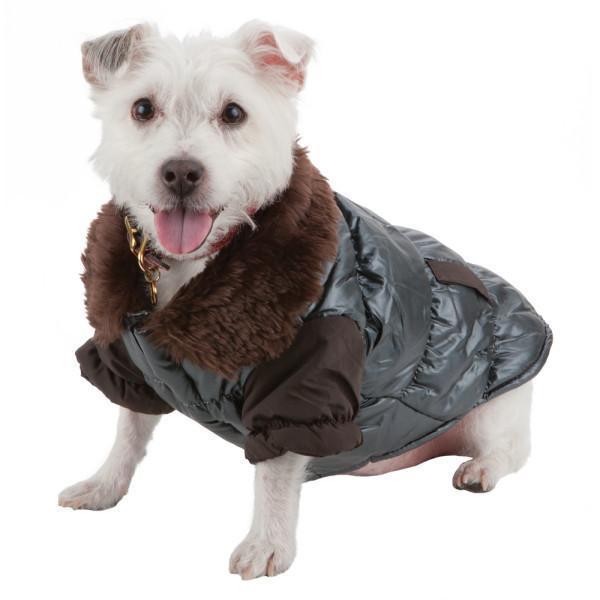 Dark gray metallic dog jacket with faux-fur collar and brown padded lining