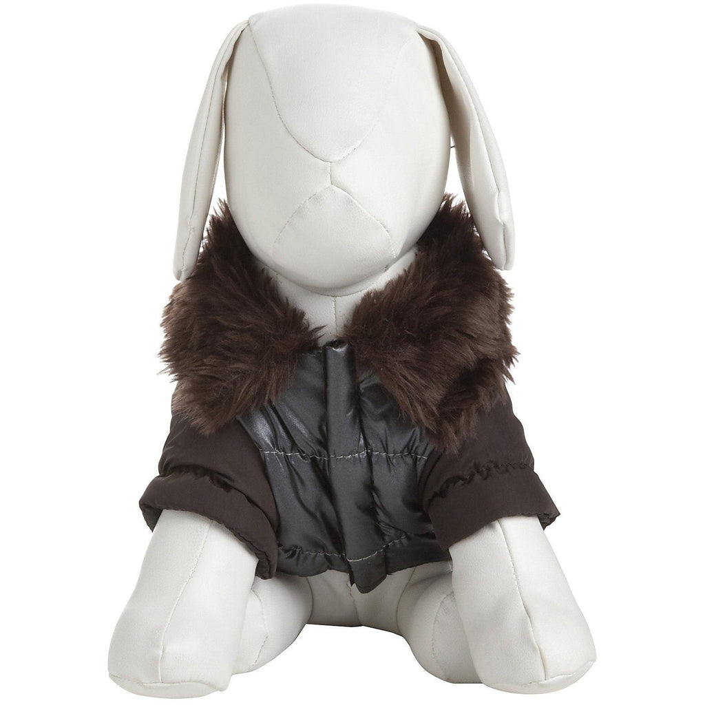 Back view of dark gray metallic dog jacket with brown faux-fur collar