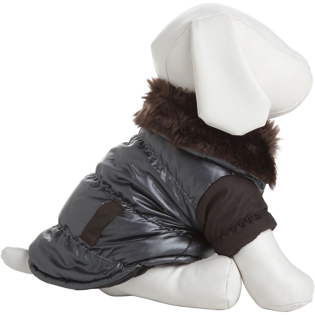 Folded view of dark gray metallic insulated dog jacket with faux-fur trim