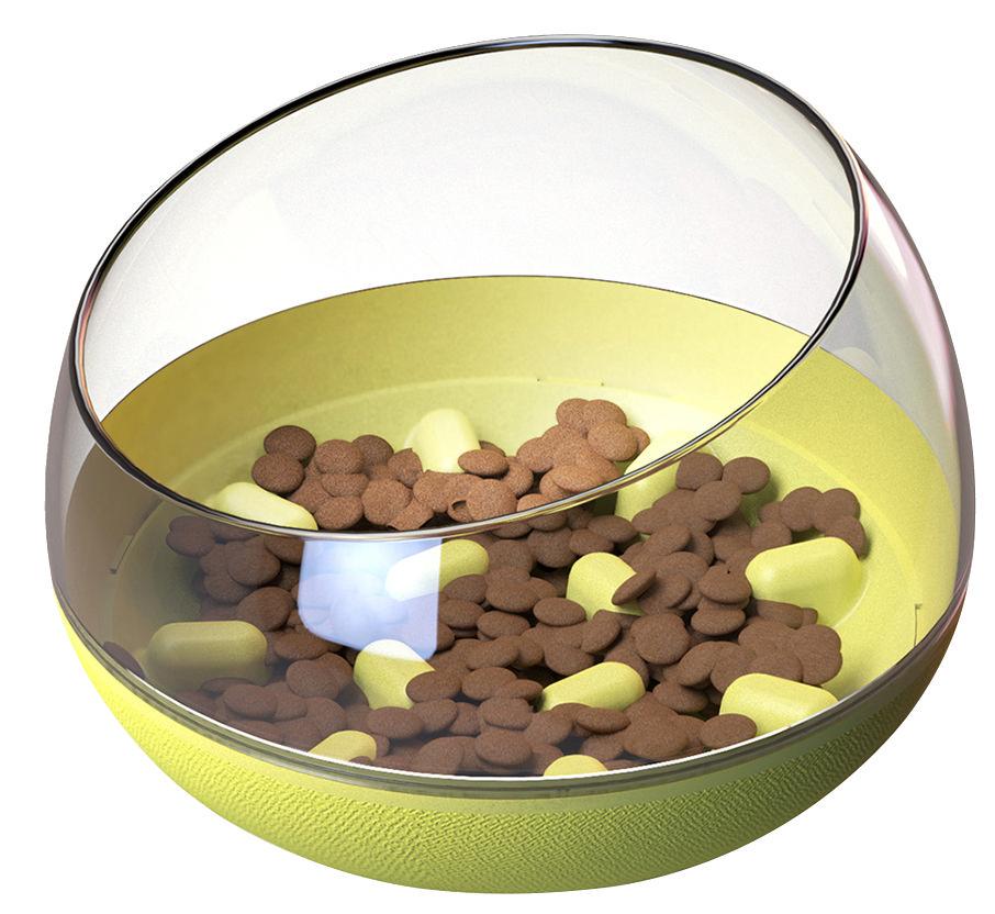 Yellow slow-feeding pet bowl with raised nubs and kibble inside