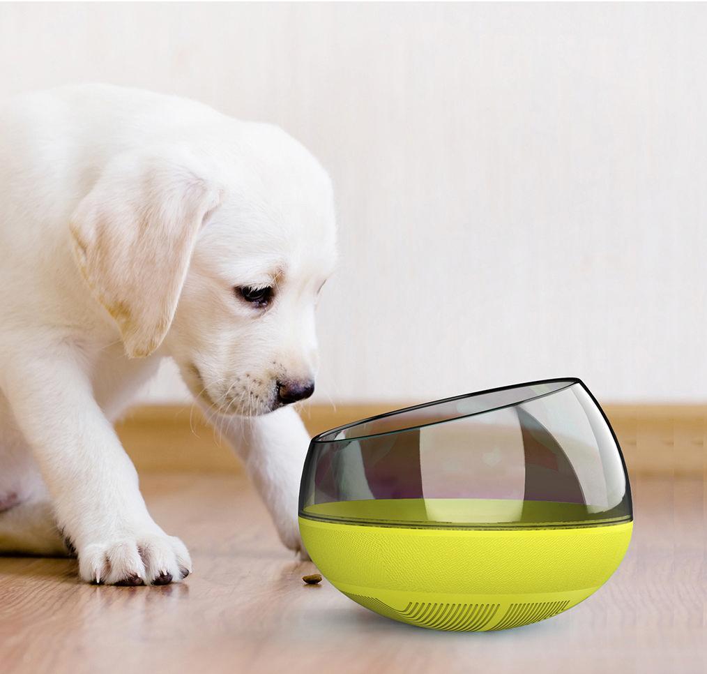 Slow feeding pet bowl, green base and clear dome with textured outer grip and weighted bottom