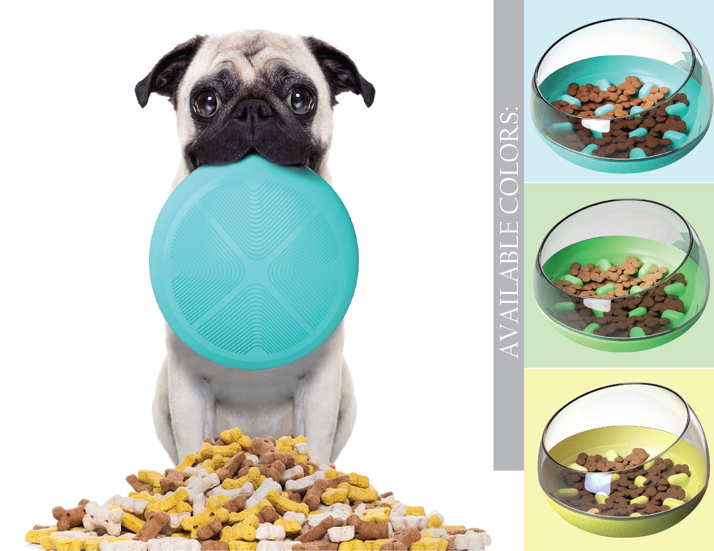 Slow feeding pet bowl, light blue textured base with clear dome and feeding bumps, kibble inside