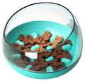 Slow feeding pet bowl, teal base with clear dome and blue-green maze insert, kibble inside