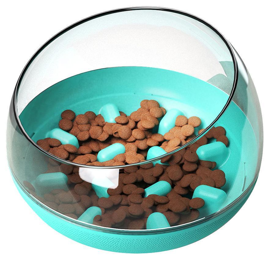 Slow feeding pet bowl, teal base with clear dome and blue-green maze insert, kibble inside