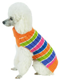 Rainbow striped dog turtleneck sweater, orange collar and green/blue/pink knit