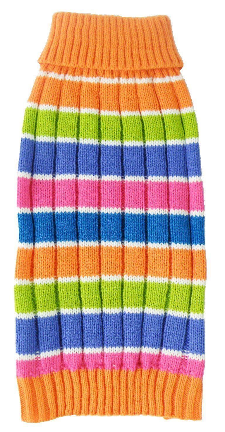 Orange, green, blue and pink striped knit dog turtleneck sweater with ribbed collar