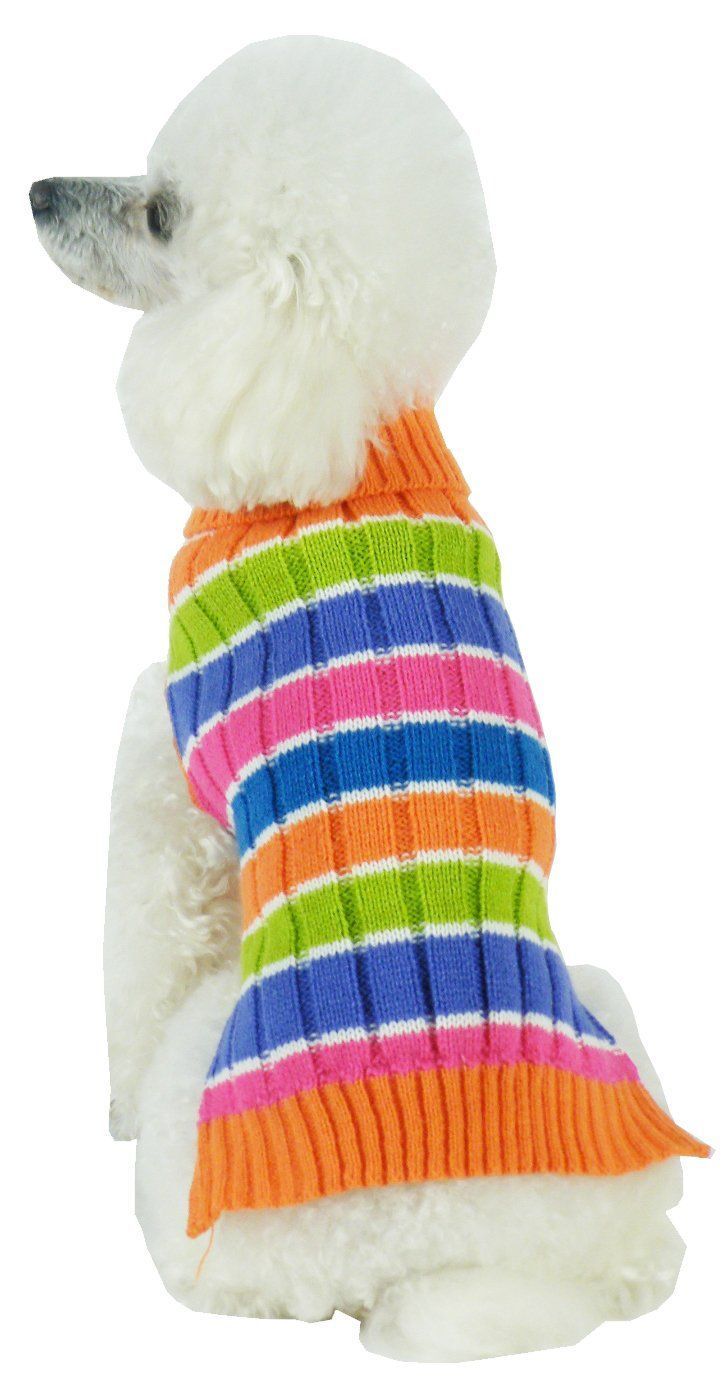 Rainbow striped knit dog turtleneck sweater with orange hem, blue green and pink stripes
