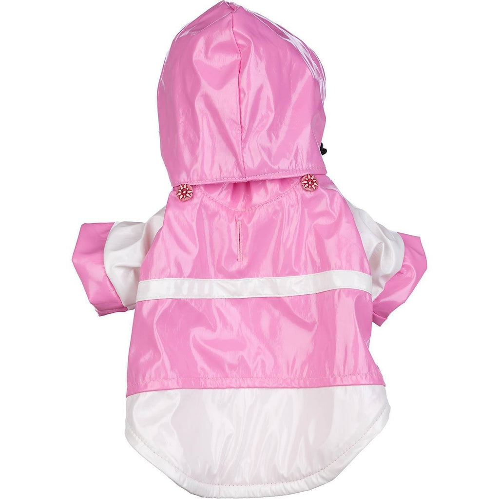 Pink two-tone dog raincoat with hood, white reflective band, and back seam details