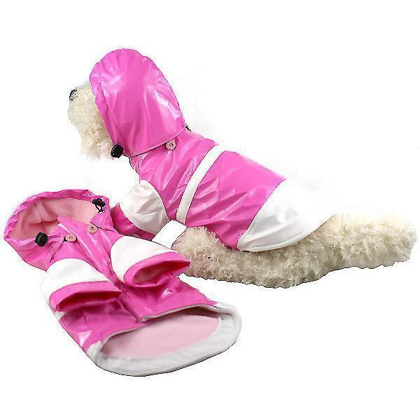 Pink waterproof dog raincoat with removable hood, black toggles, and elastic leg cuffs