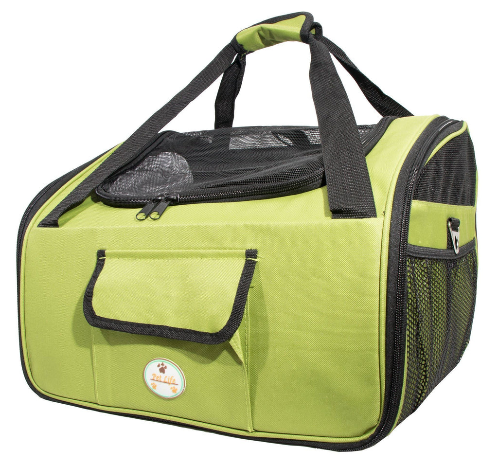 Olive green collapsible pet travel wire carseat with front mesh window and carry handle