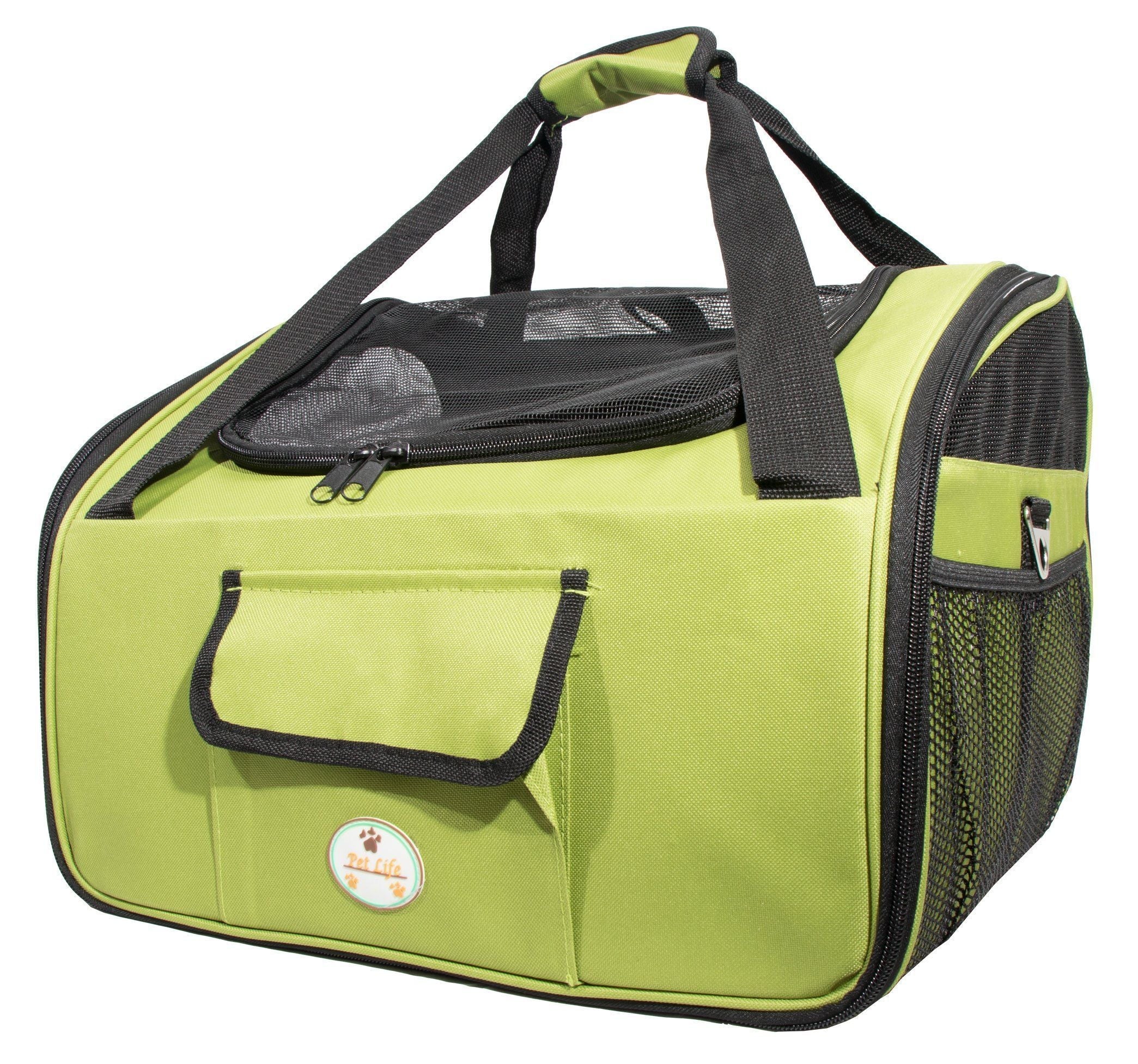 Olive green collapsible pet travel wire carseat with front mesh window and carry handle