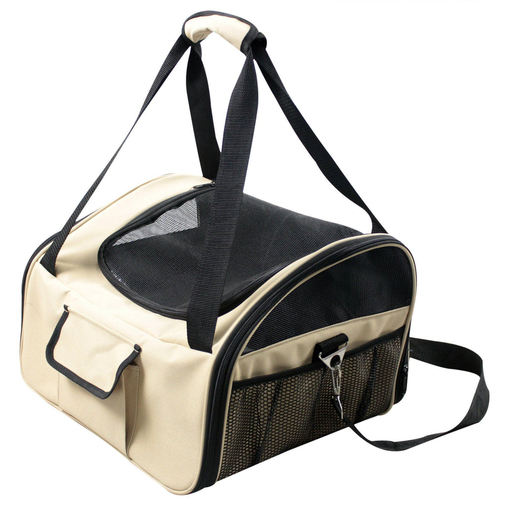 Khaki pet carrier crate with mesh end panel and two side zip compartments