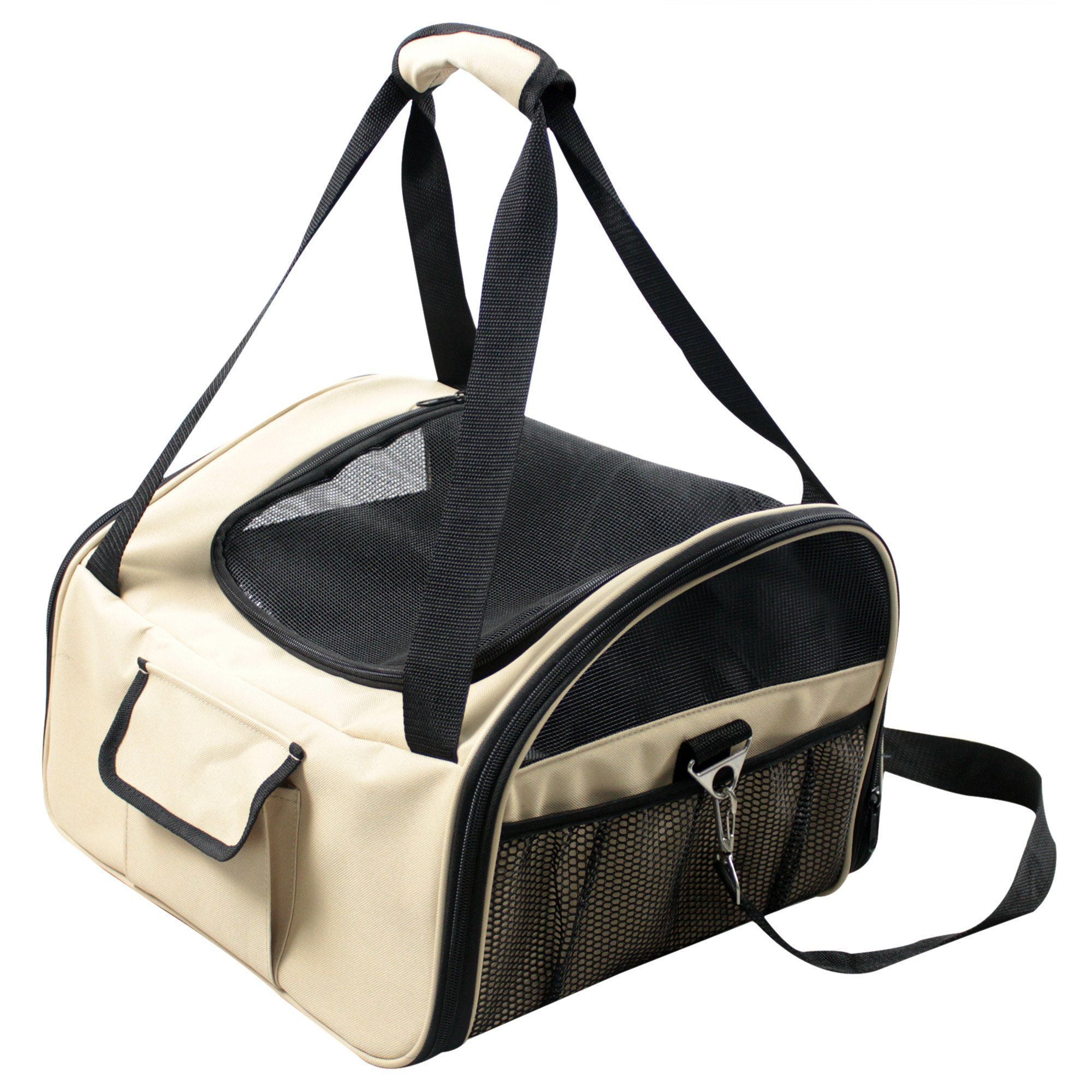 Khaki pet carrier crate with mesh end panel and two side zip compartments