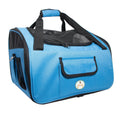 Sky blue collapsible pet travel crate with mesh top and side carry handle