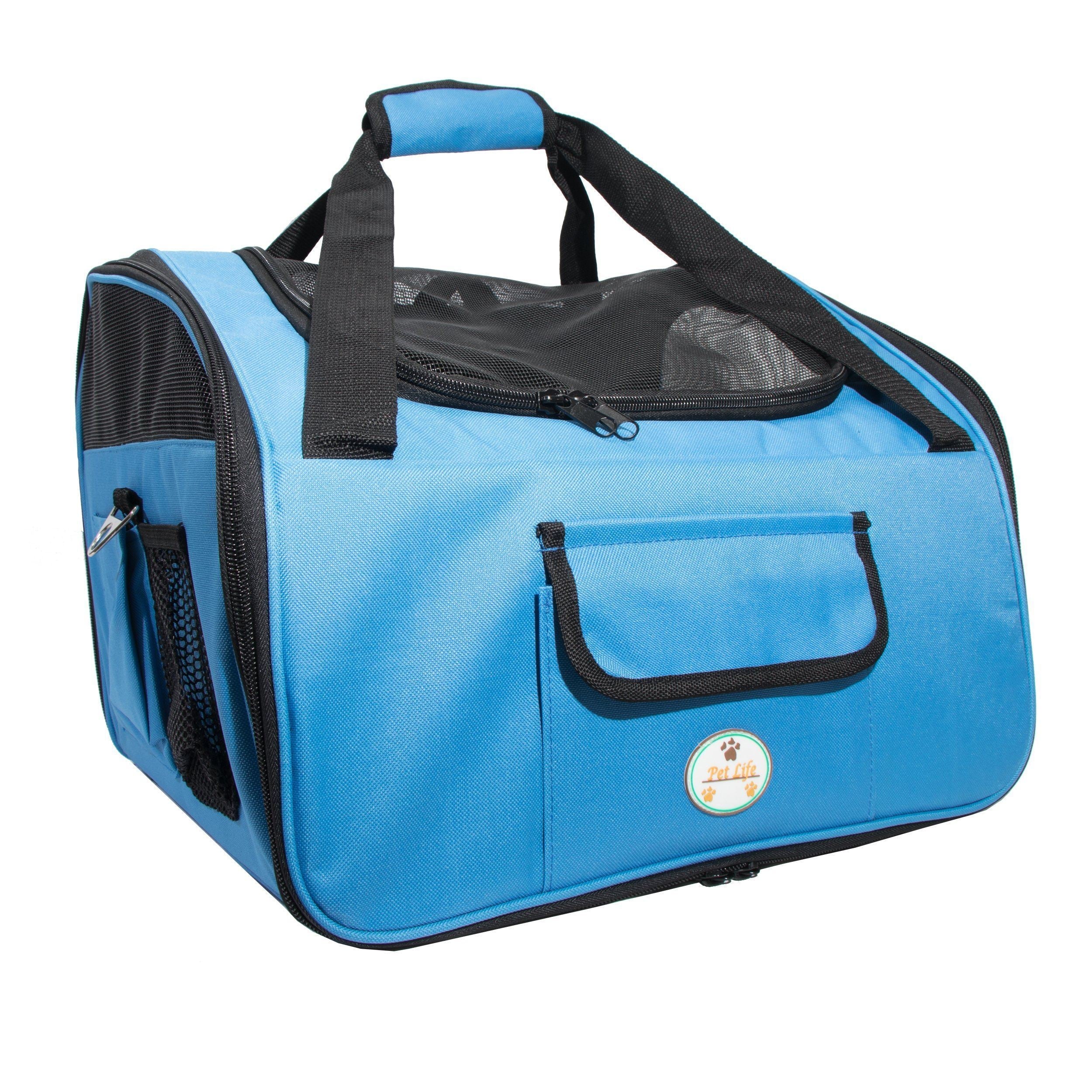 Sky blue collapsible pet travel crate with mesh top and side carry handle