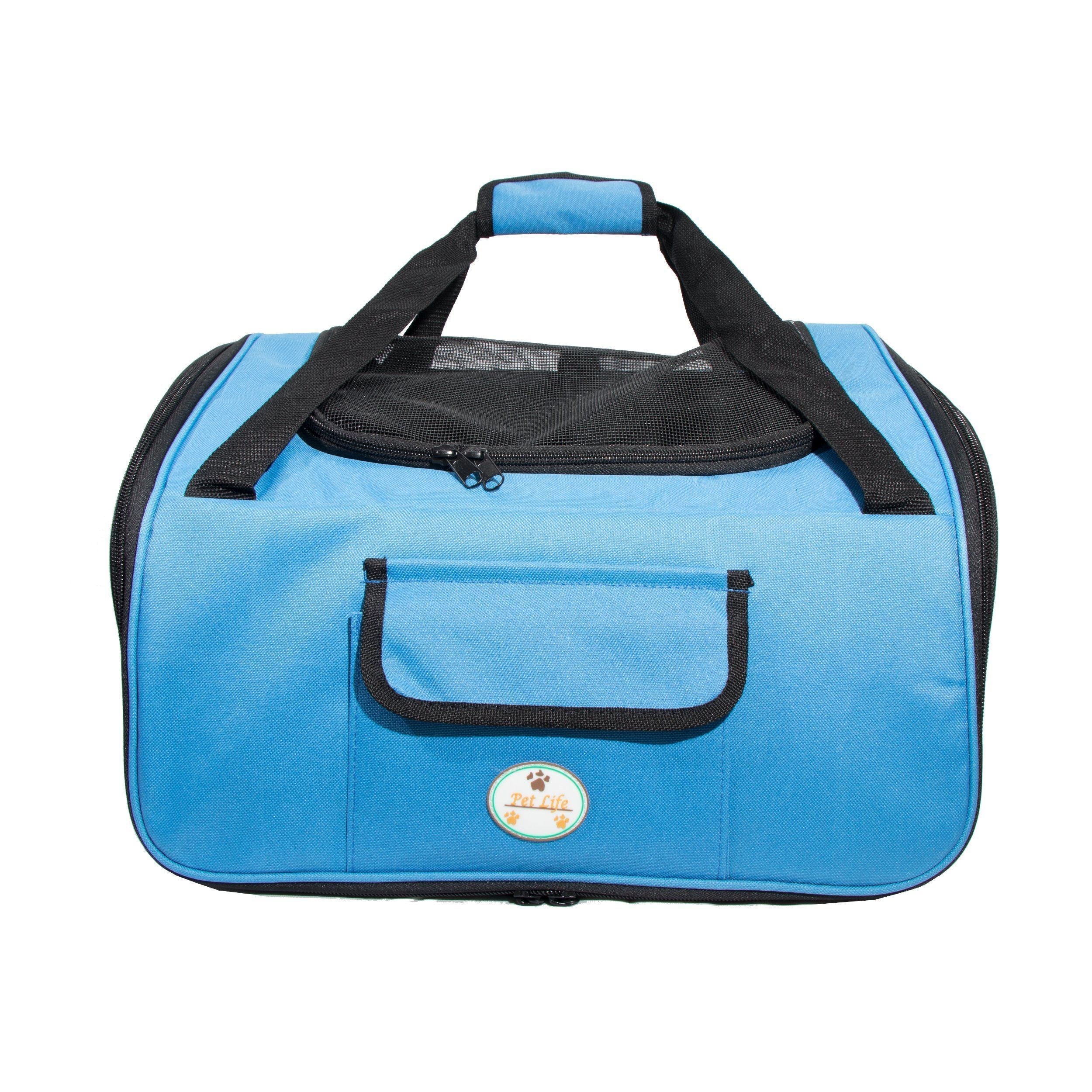 Sky blue pet travel crate with top mesh window and front zipper pocket