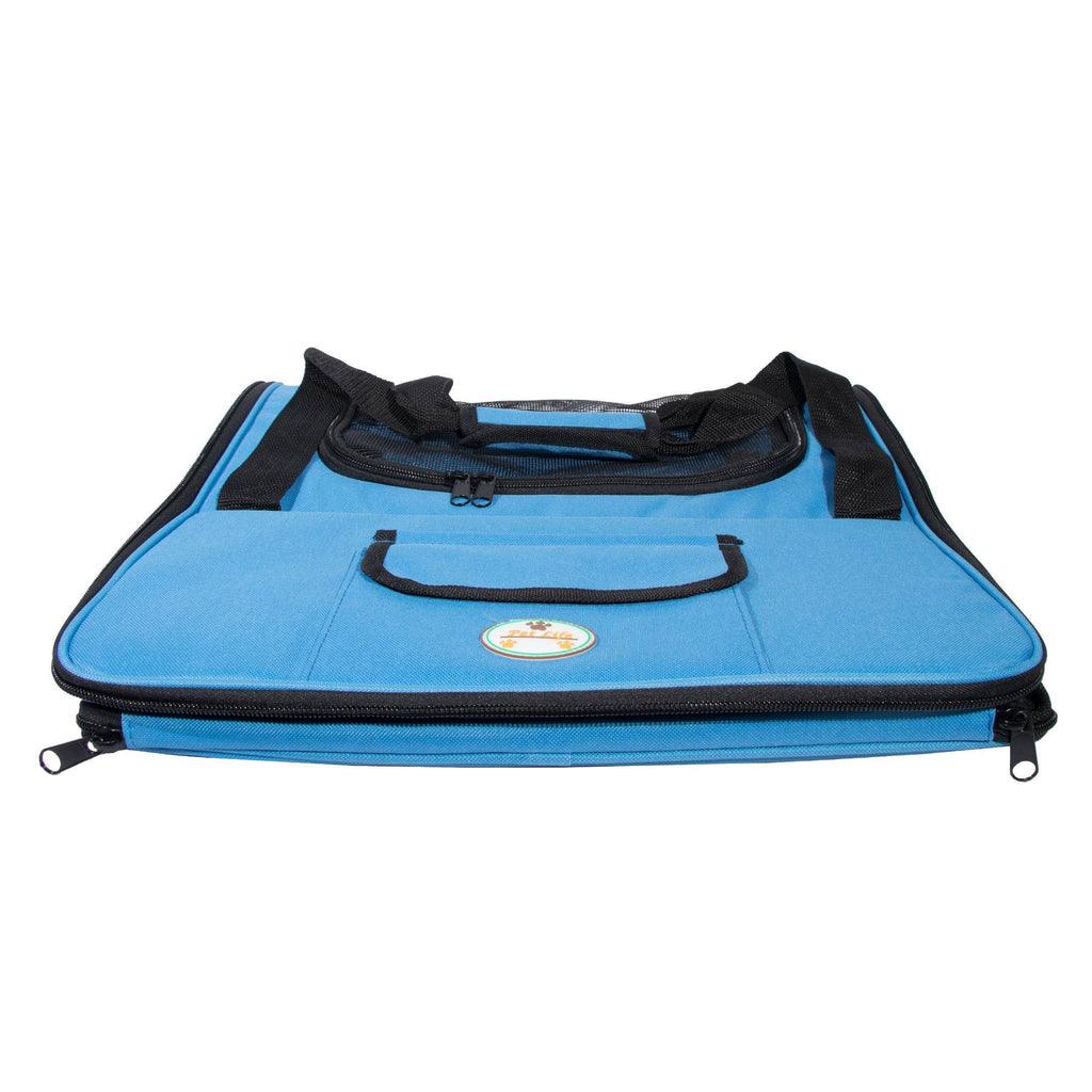 Sky blue collapsible pet travel carseat with front padded handle and mesh interior