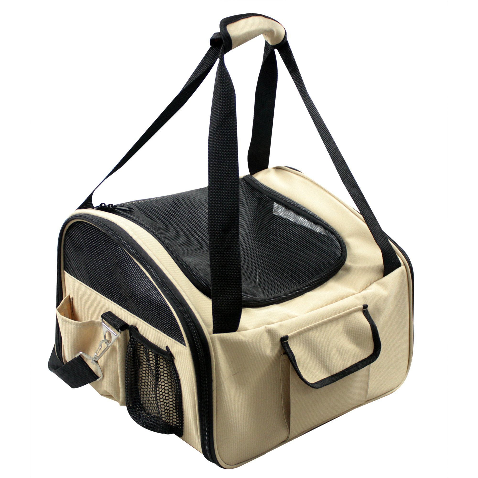Khaki pet travel crate with side mesh panels and black zipper pockets