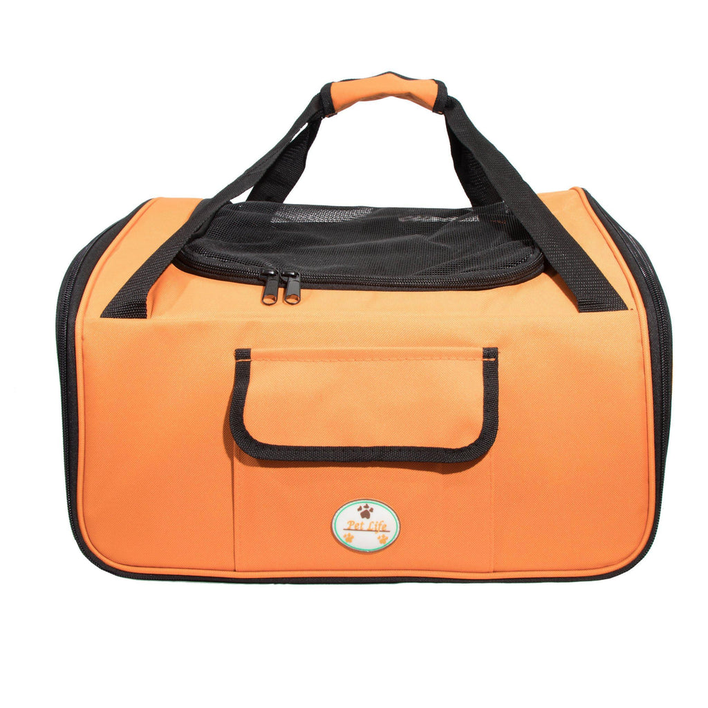 Orange pet travel crate with top mesh window and front pocket