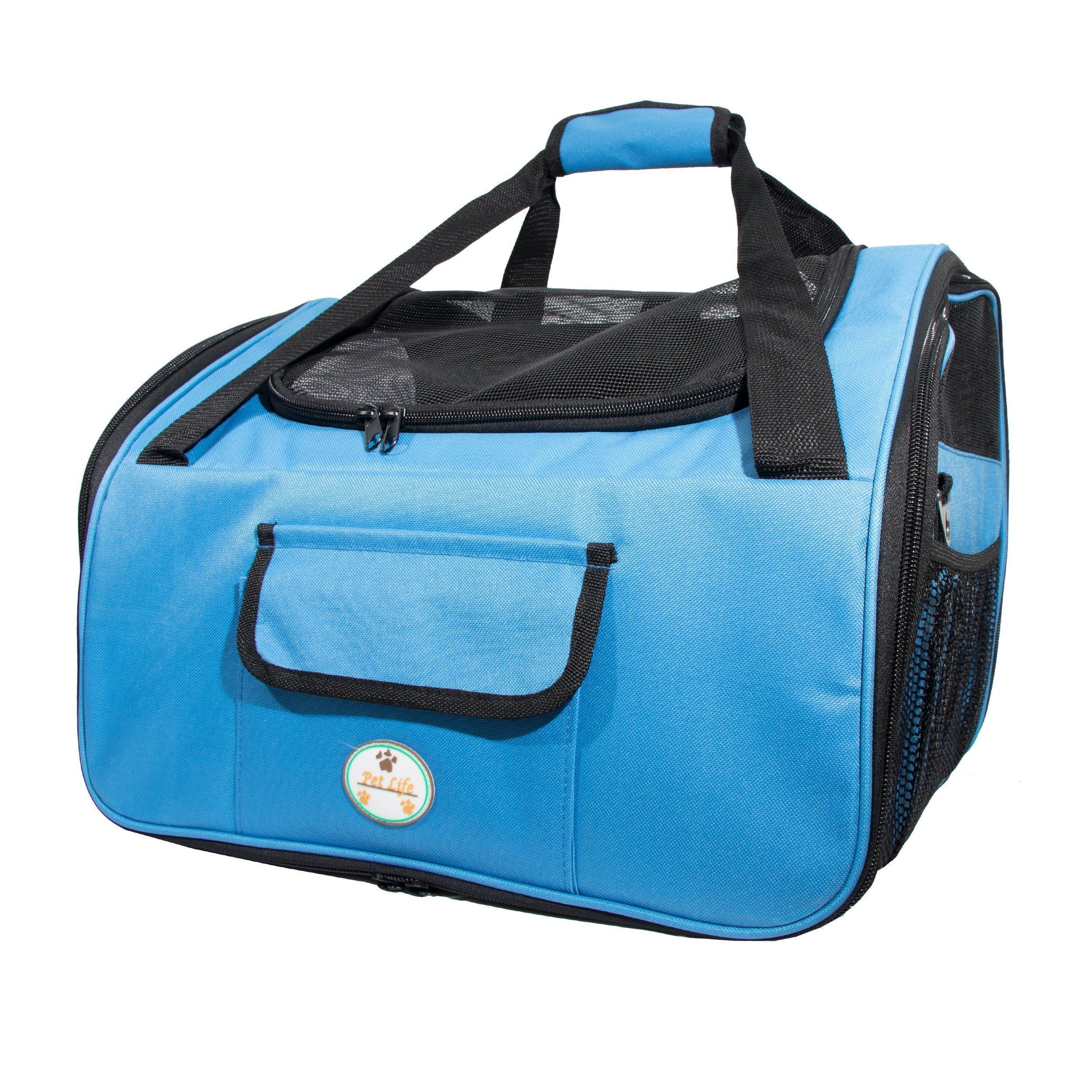 Sky blue pet travel crate side view with mesh door panel and zipper storage