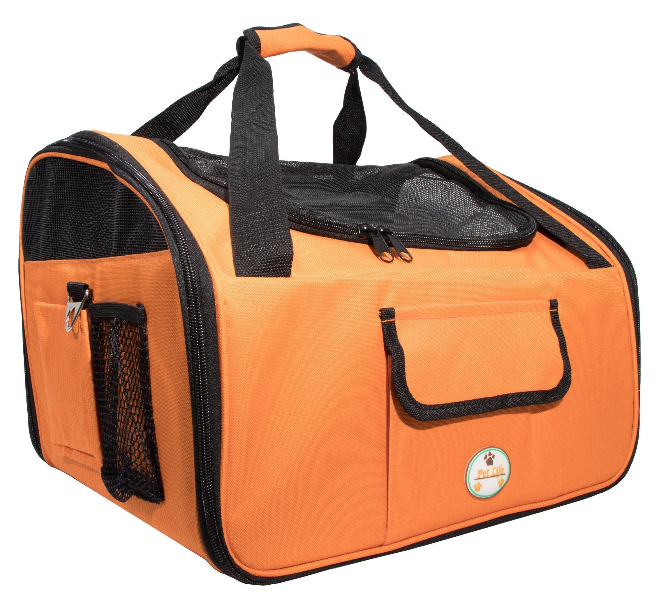 Orange pet travel crate with clear mesh top window and side storage pocket