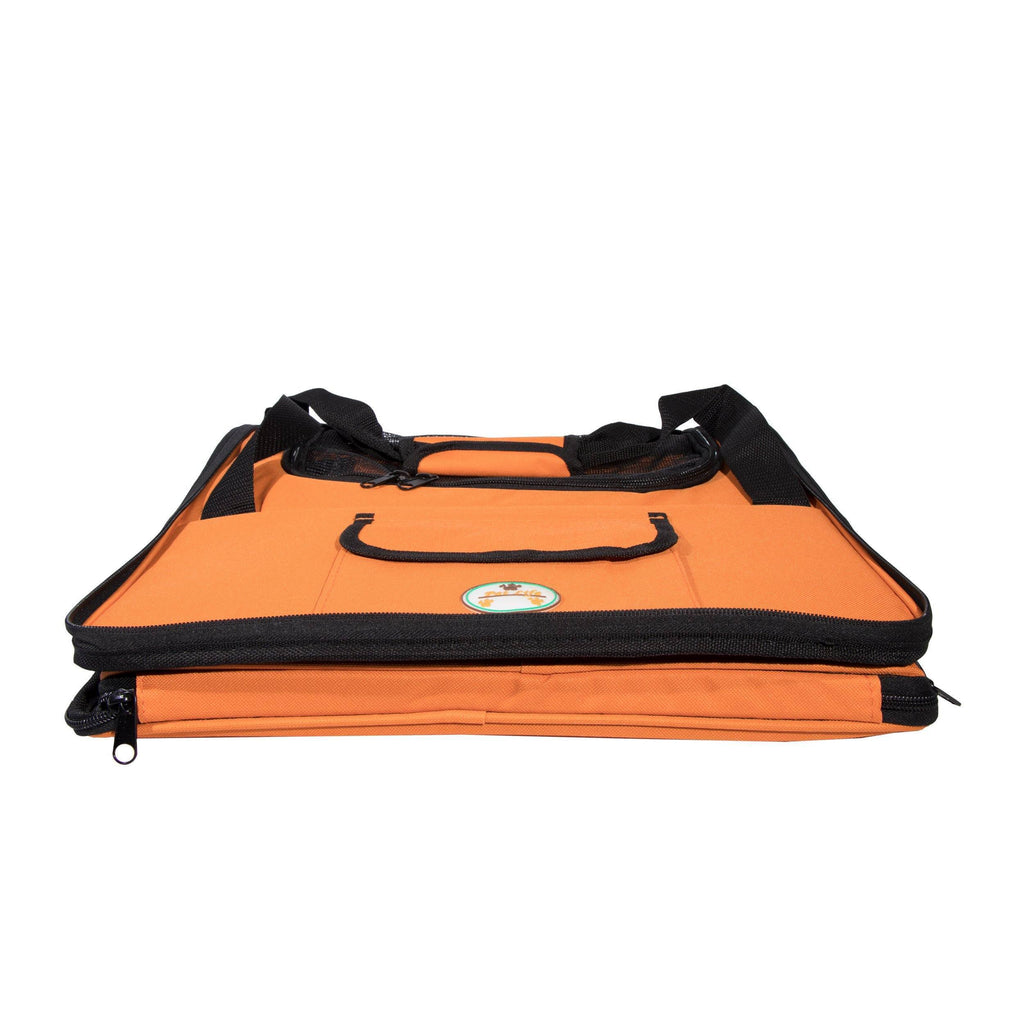 Orange collapsible pet carseat with front handle opening and zippered side panel