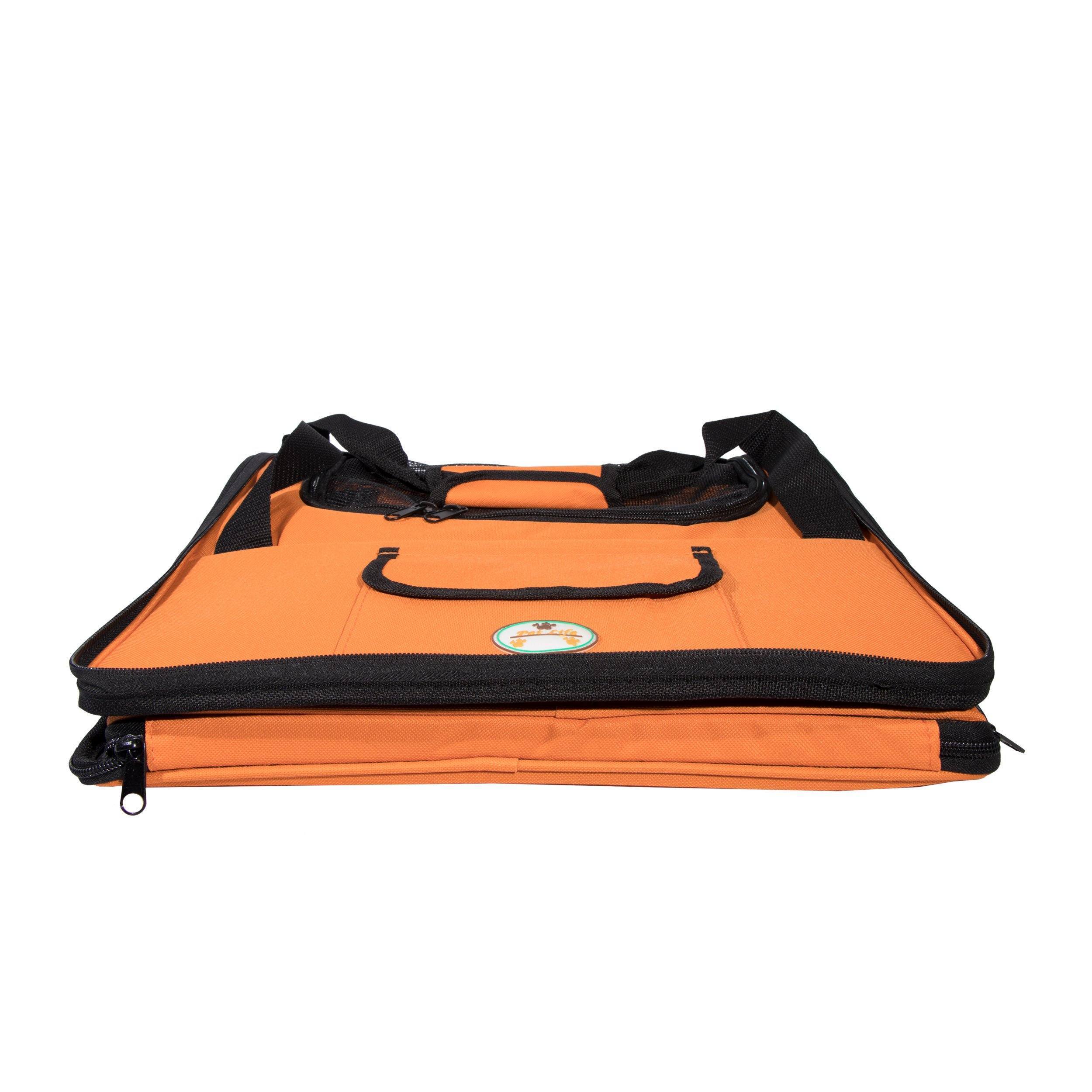 Orange collapsible pet carseat with front handle opening and zippered side panel