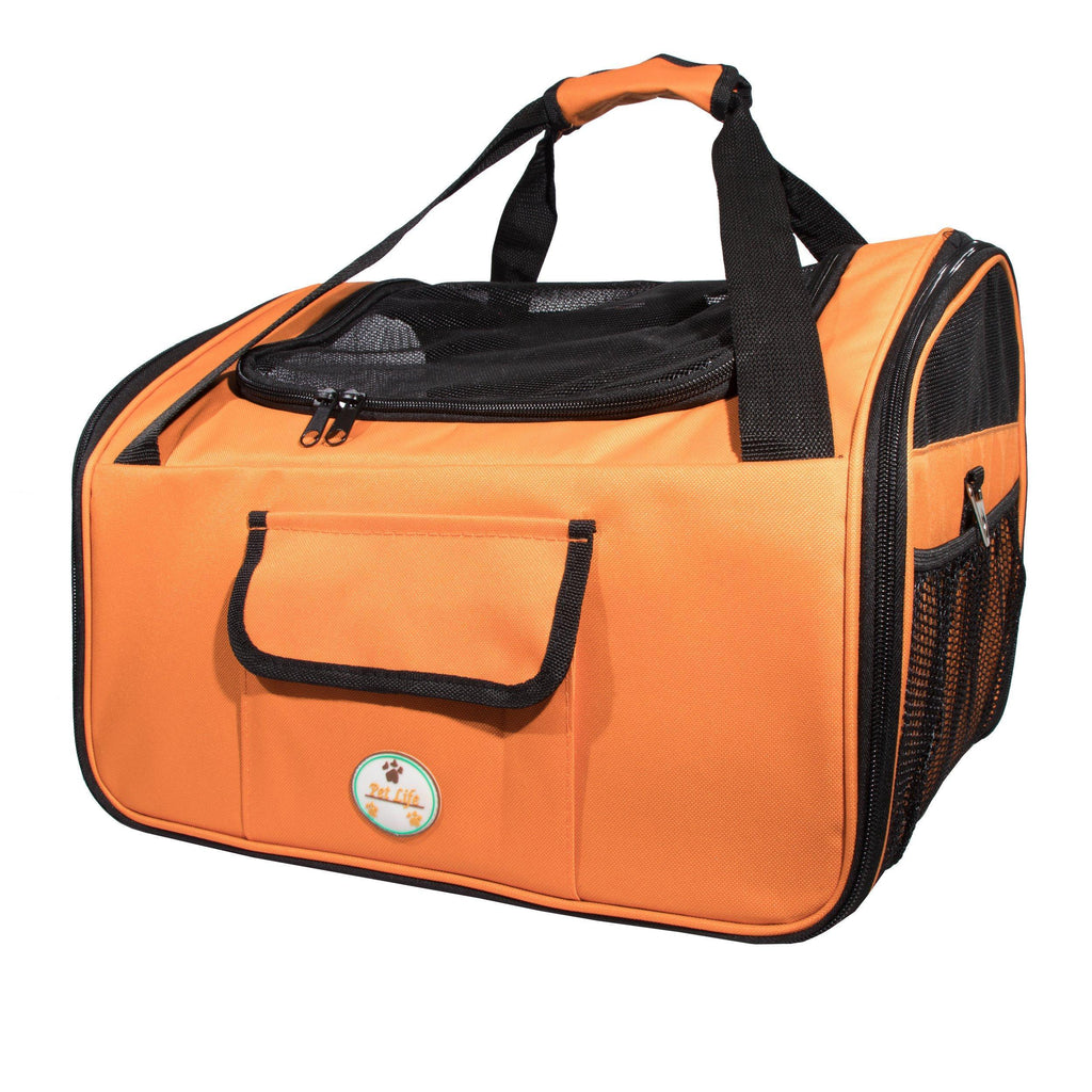 Orange collapsible pet travel wire carseat with front mesh window and top carry handle
