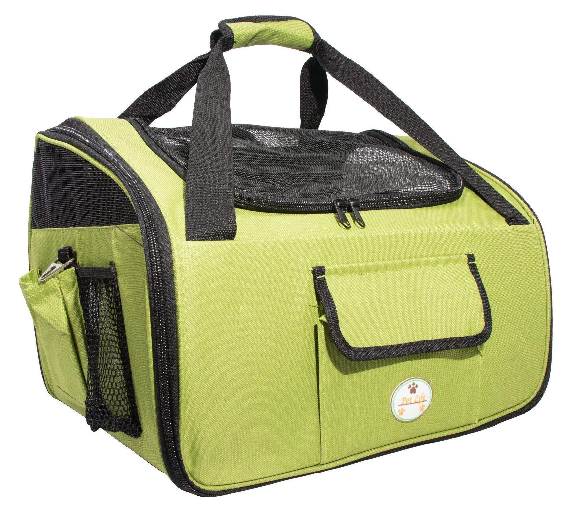 Olive green pet travel crate with black trim, top mesh window, front handle