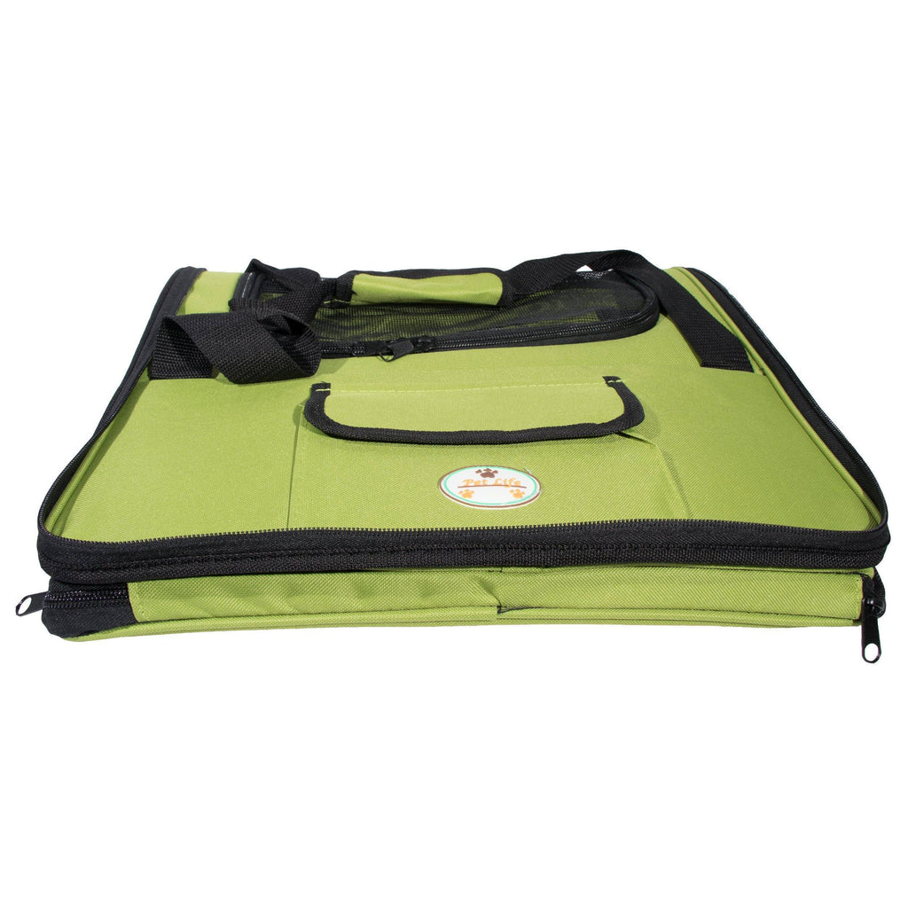 Olive green collapsible pet carseat with front handle strap and side zippers