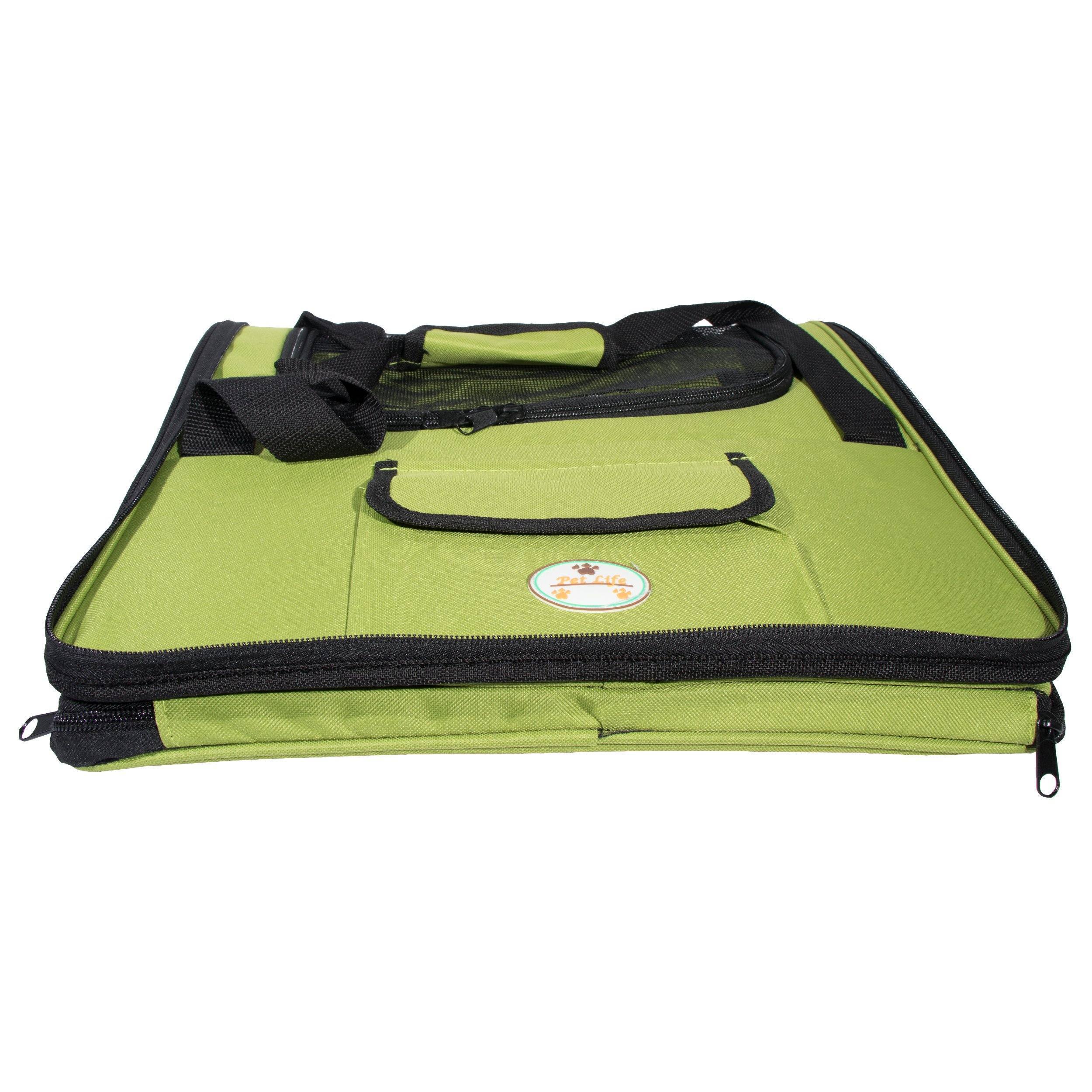 Olive green collapsible pet carseat with front handle strap and side zippers