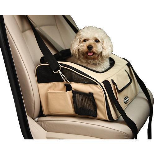 Khaki pet car seat carrier with front mesh window and safety straps