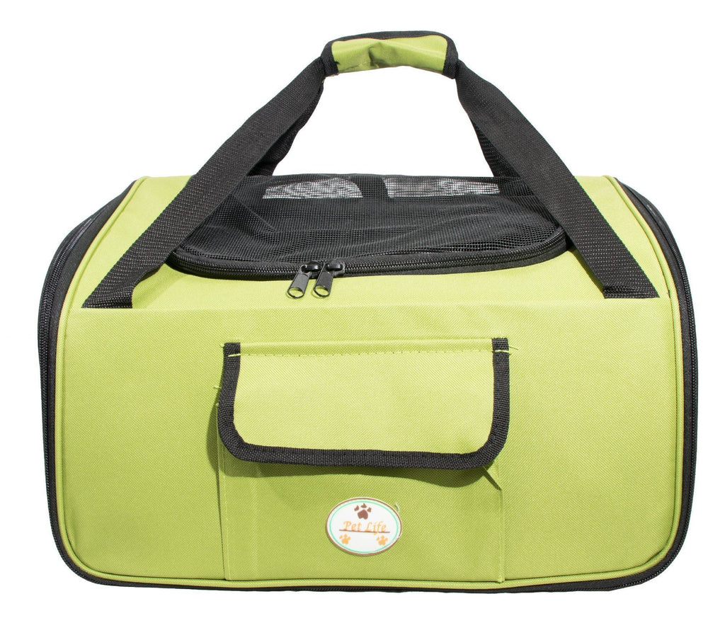 Olive green pet travel crate with top mesh window and front handle pocket