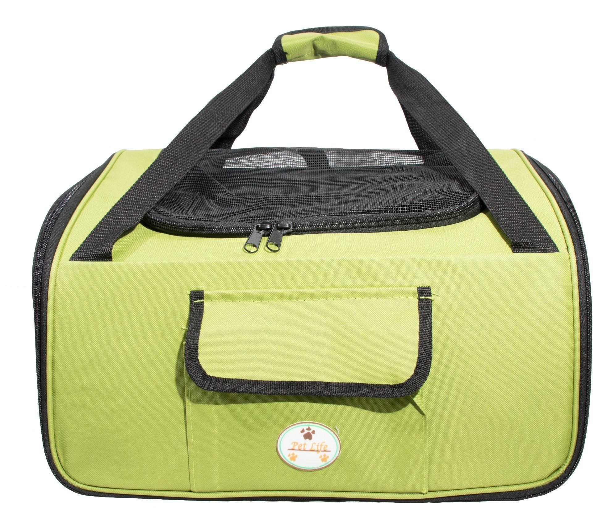 Olive green pet travel crate with top mesh window and front handle pocket