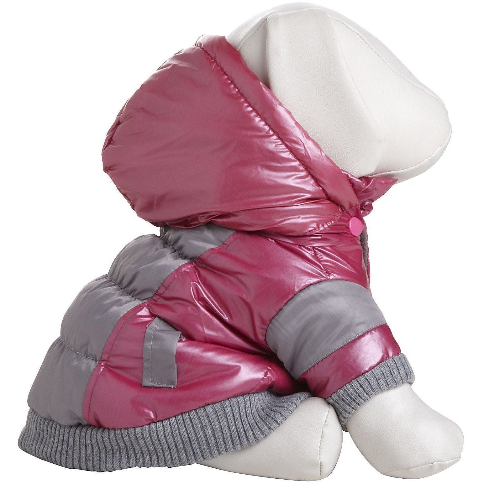 Pink-and-gray insulated dog ski jacket with removable hood and gray knit bottom cuff