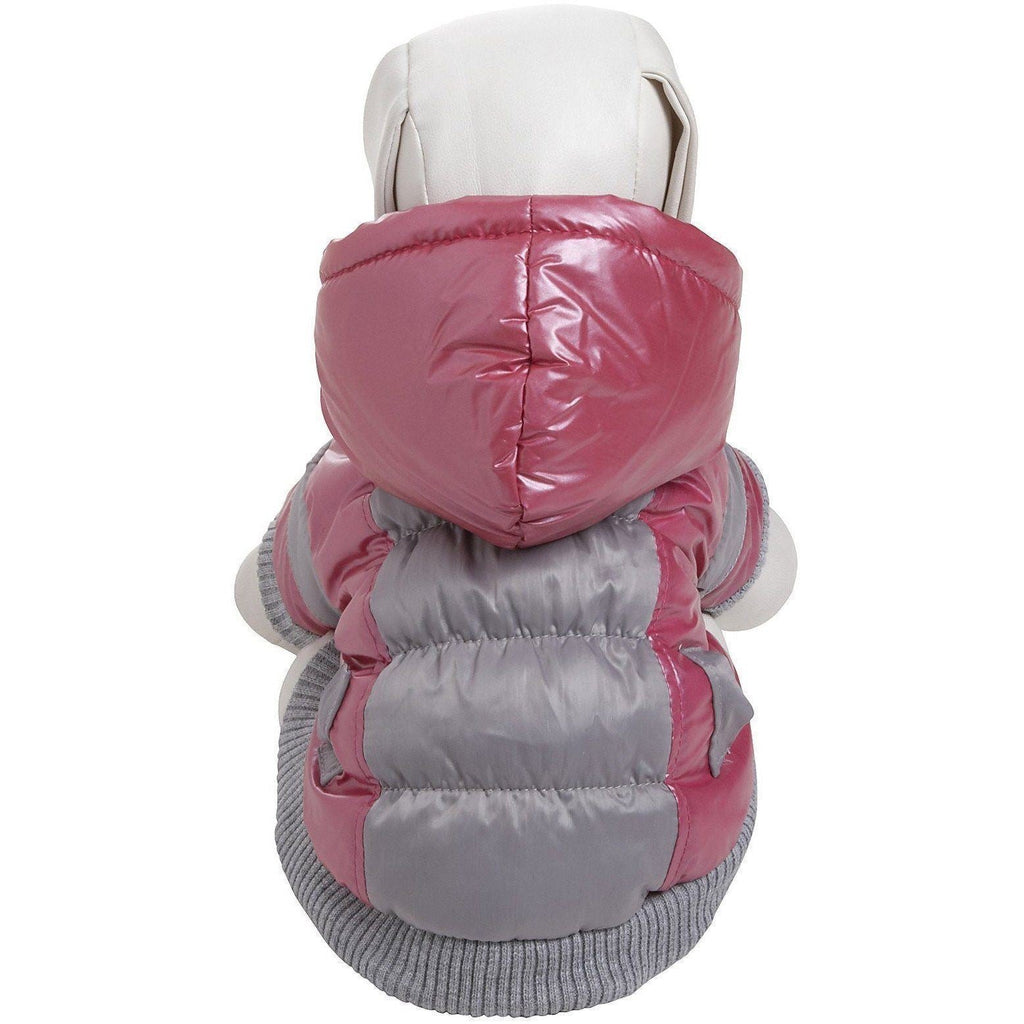 Back view of pink insulated dog ski jacket with removable hood and gray knit hem