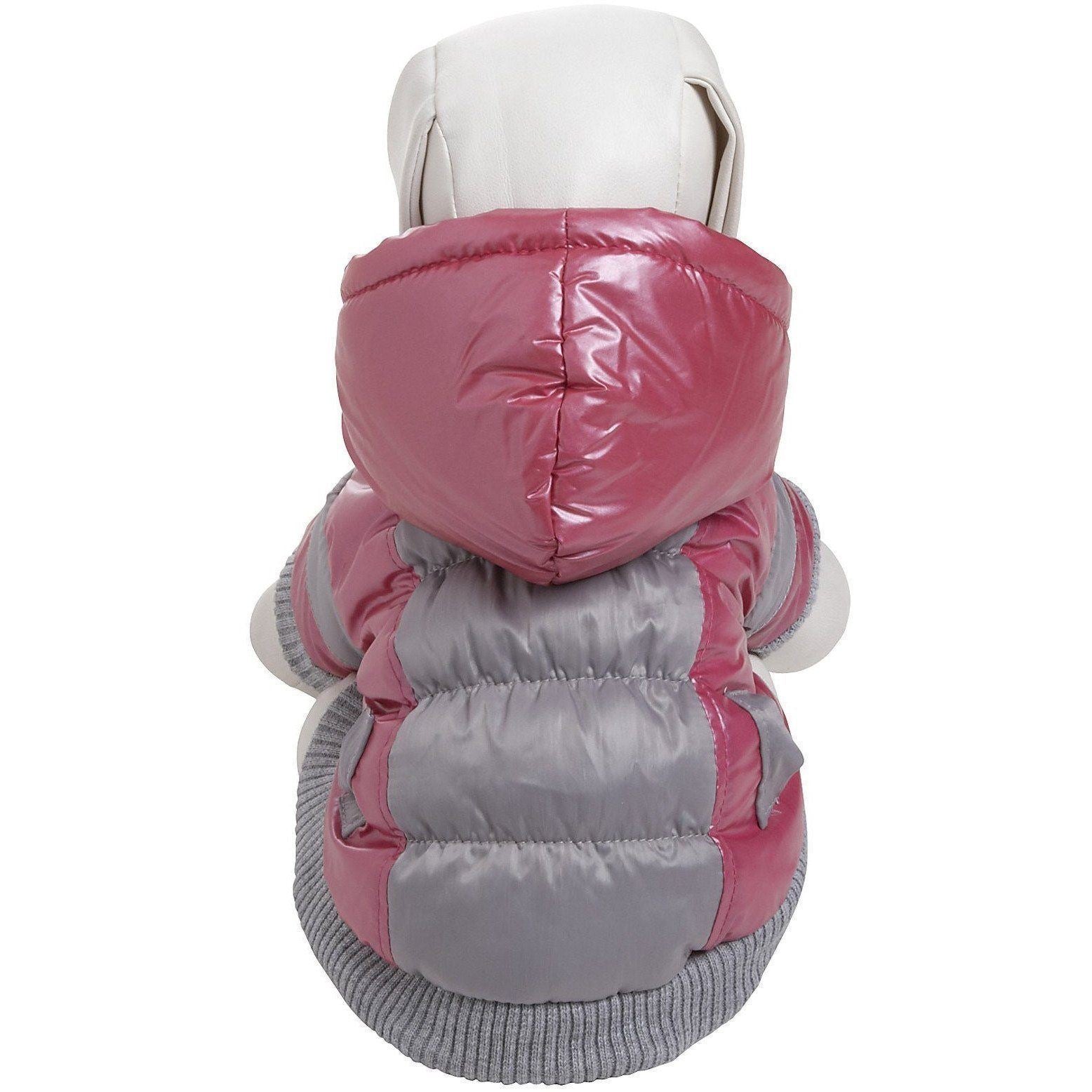 Back view of pink insulated dog ski jacket with removable hood and gray knit hem