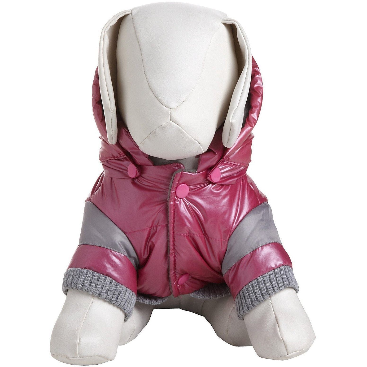 Pink insulated dog ski jacket with removable hood, gray knit cuffs, and round snap buttons