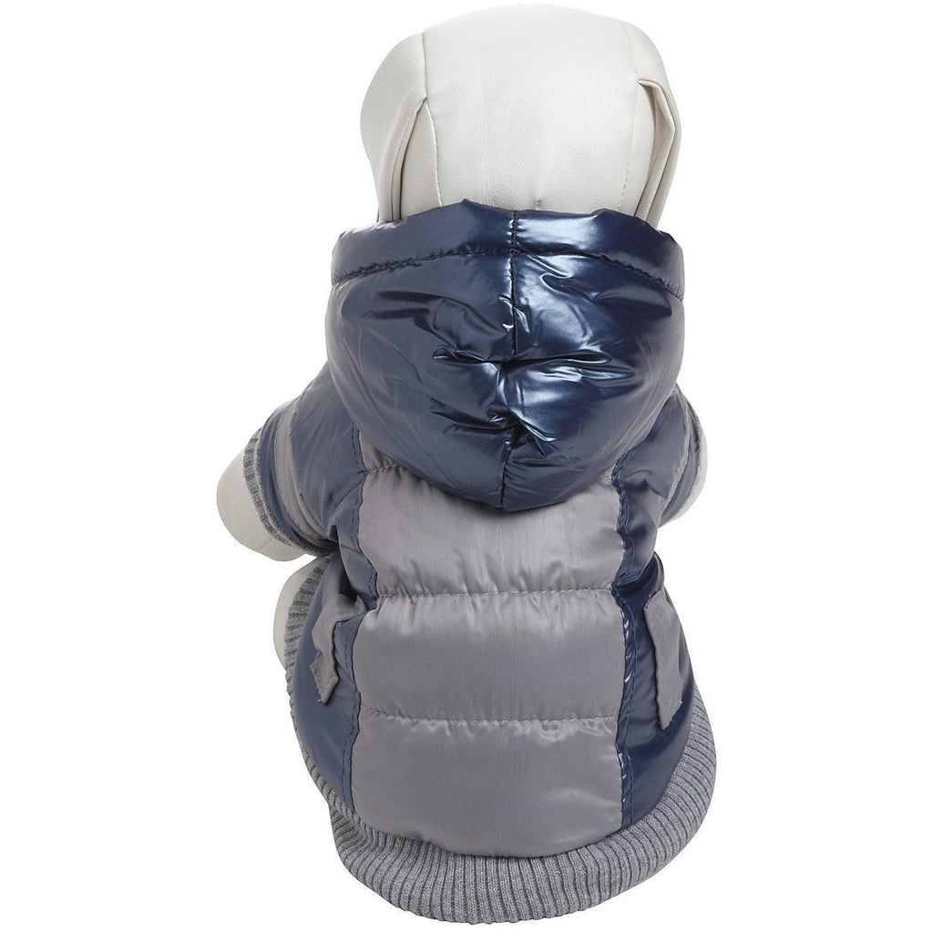 Back view of navy insulated dog ski jacket with removable hood and gray knit hem