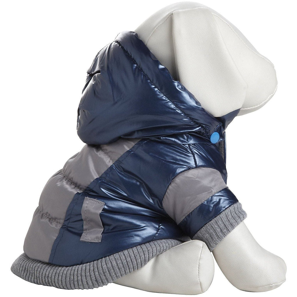 Blue-and-gray insulated dog ski jacket with removable hood and gray knit trim