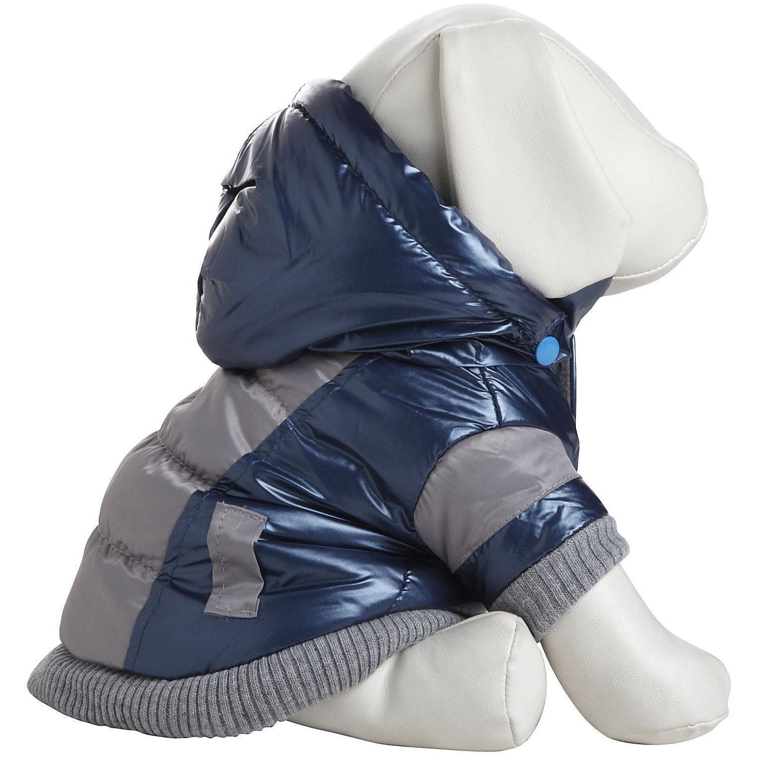 Blue-and-gray insulated dog ski jacket with removable hood and gray knit trim