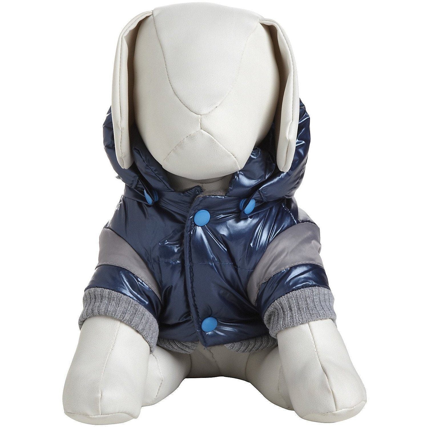 Navy insulated dog ski jacket with removable hood, gray knit cuffs, and blue snap buttons