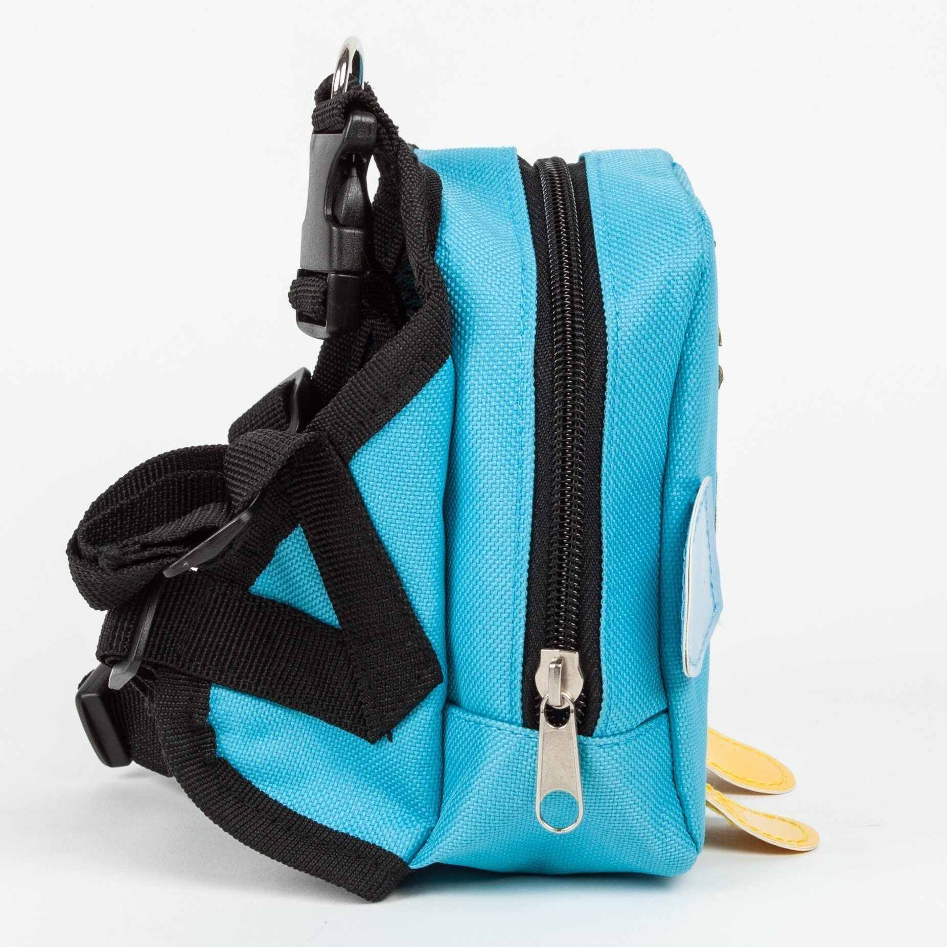 Blue side view of dog harness backpack with long zipper, black straps, and handle