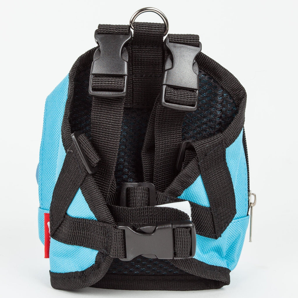 Back view of blue dog harness backpack with adjustable straps, gray buckles, and D-ring