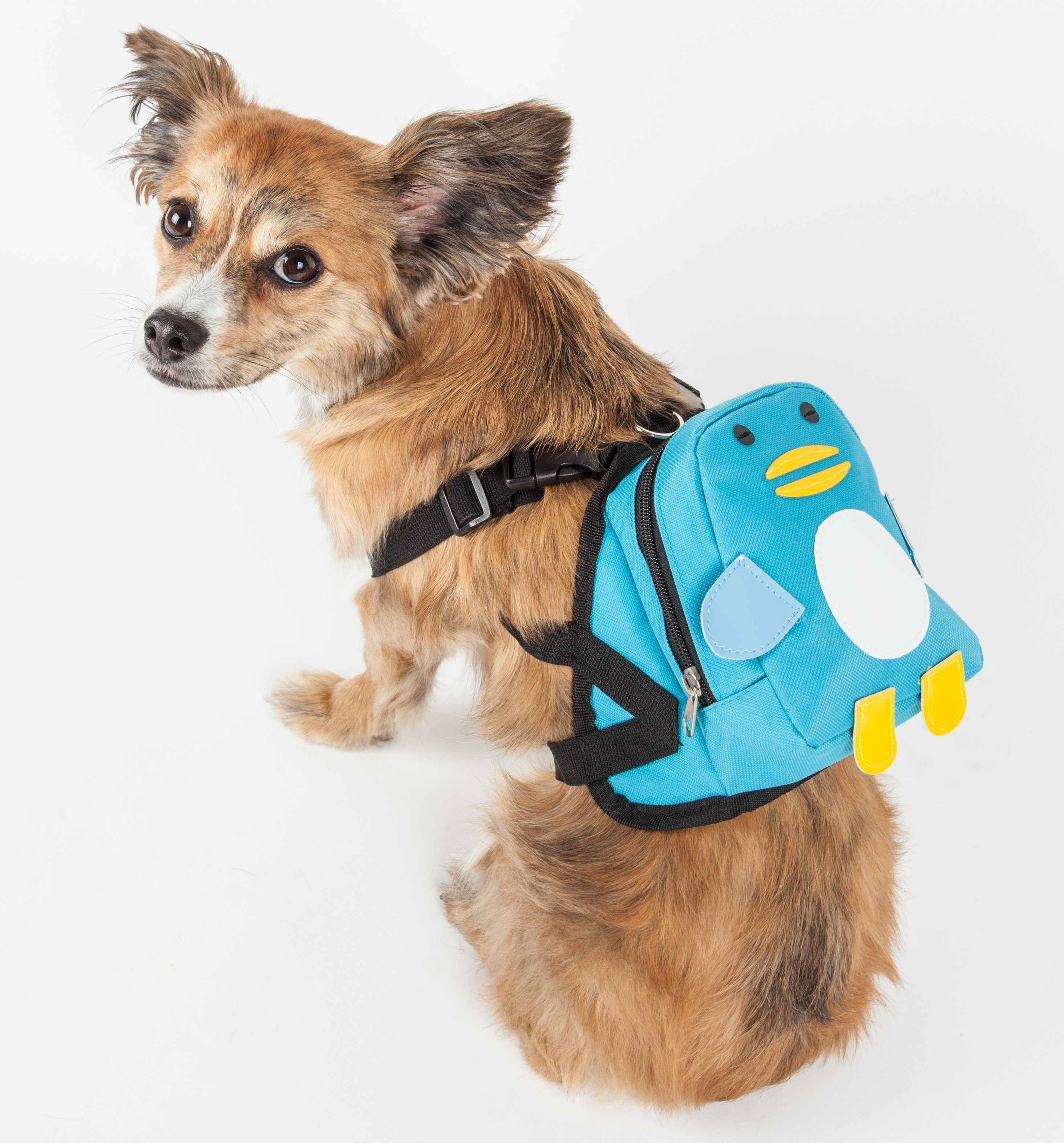 Dog wearing blue animated pocket harness backpack with waggler face and black straps