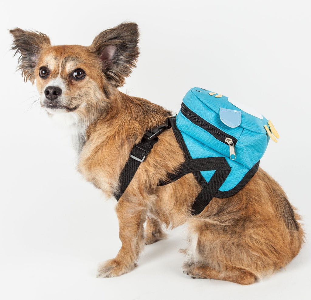 Blue dog harness backpack with front zipper, white ear pads, and black cross straps
