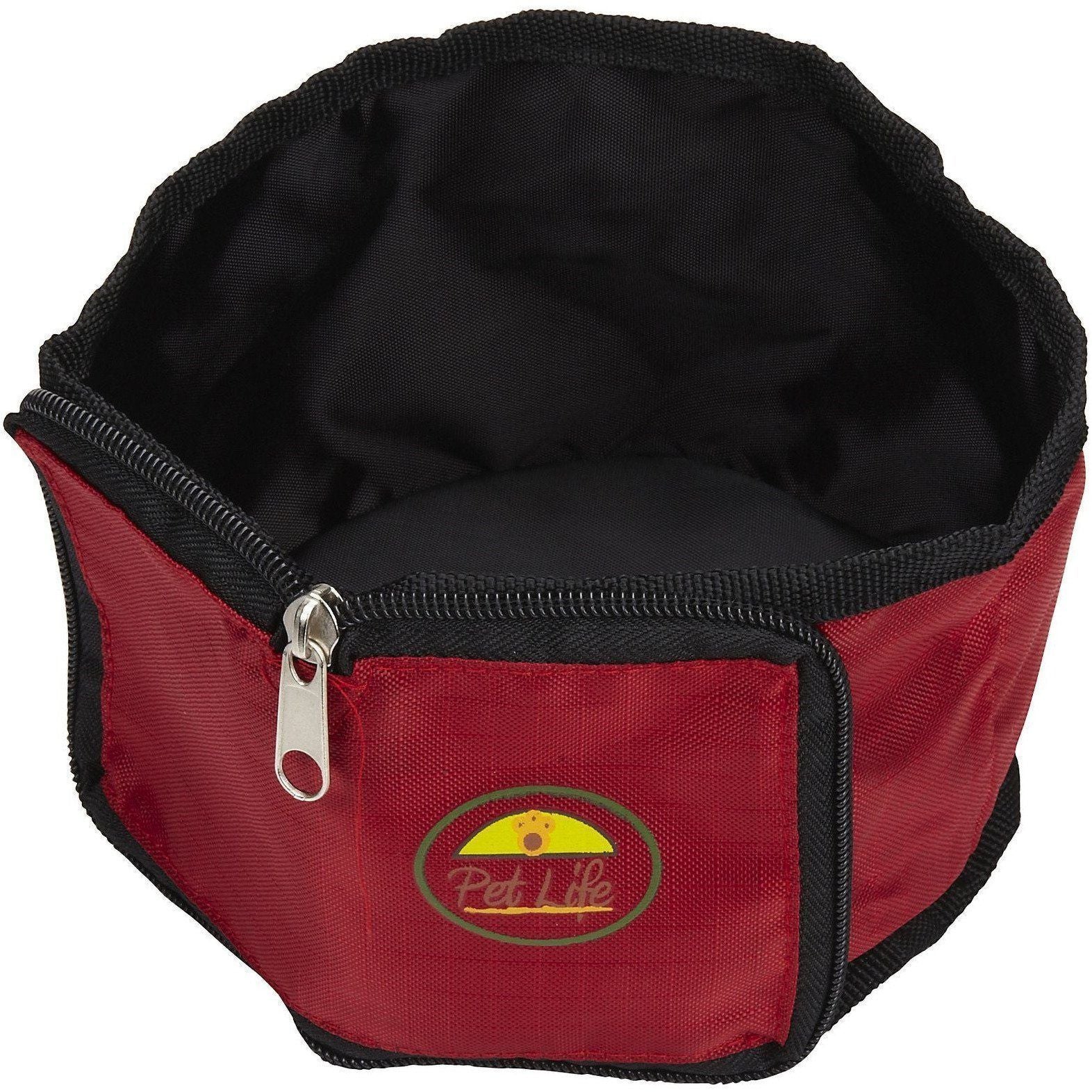 Red foldable pet travel bowl with zipper, black lining and Pet Life logo patch