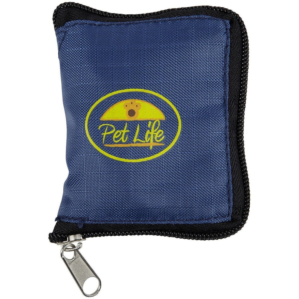 Blue folding pet travel bowl pouch with zipper pull and Pet Life logo