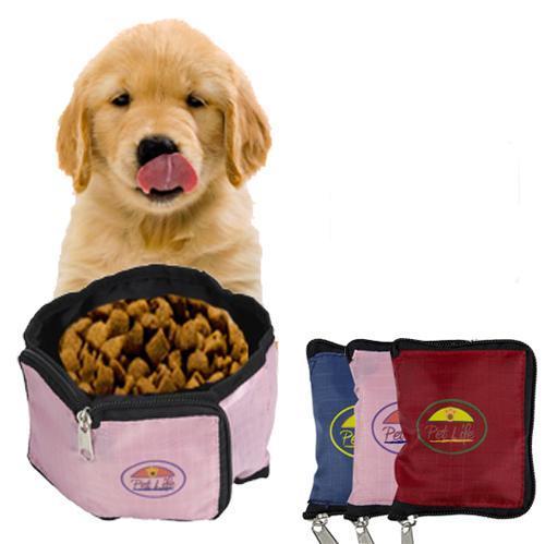 Foldable zippered pet travel bowl, open and packed in pink and red colors
