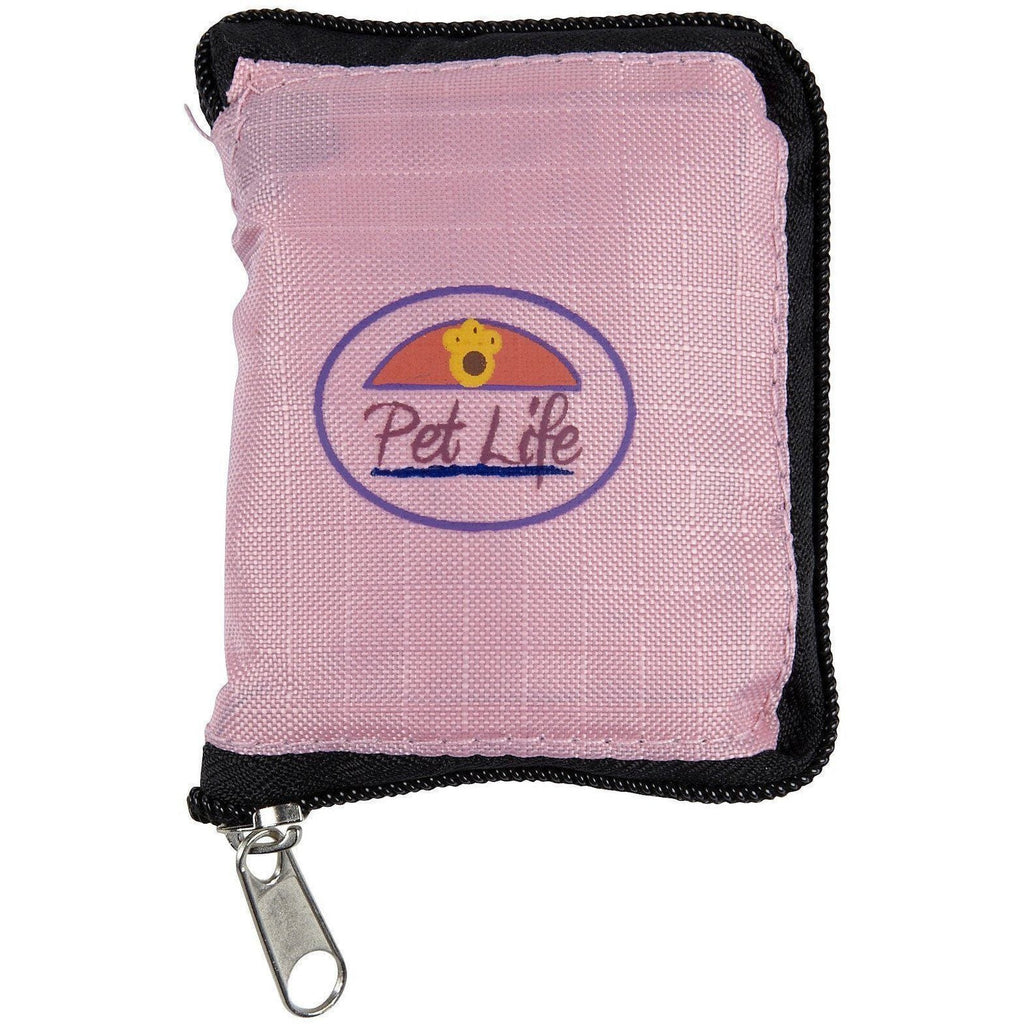 Pink folding pet travel bowl pouch with zipper pull and Pet Life logo